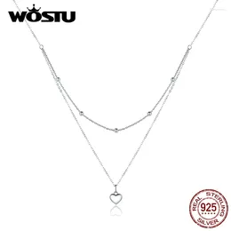 Pendants Wostu Plate Simple Heart Checklace 925 Sterling Double Layer Colgante de 50 cm Link de cadena de largo para mujeres Regalos de joyería CTN168