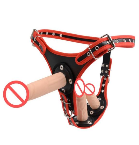 Pantalones de pene con 3 consoladores Pantalón de castidad Bondage Correa en consoladores Cinturón de castidad juguete sexual para mujer hombre J17513476147