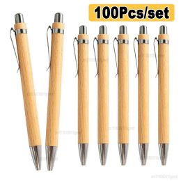 Stylos 100pcs Set Bamboo Wood Ballpoint Point 1,0 mm Tip Blue Black Ink Office School Writing Stationery Business Clip Signature Ball Pen