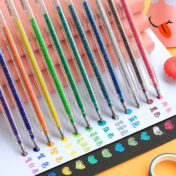 Stylos 12pcs / set kawaii glitter couleur change marker flash gel stylo mignon dessin stylo lighter pour girl girls school art paperyery