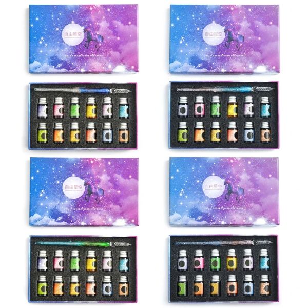 Stylos 13pcs en verre stylo cristal étoilé ciel licorne creux stylo paillettes poudre poudre stylo 12 couleurs coffret cadeau d'encre