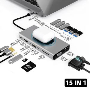 Stylos 15 en 1 USB Type C Hub Charges sans fil USB 3.0 RJ45 PD à HDMICOMPATIBLE ADAPTER Station d'accueil pour Book Pro ordinateur portable PC