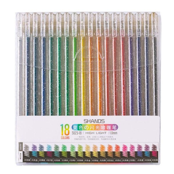 Bolígrafos 18 unids/set Kawaii 1,0 mm brillo gel pluma cambio de color marcador de flash dibujo pluma resaltador para niña niños escuela papelería linda