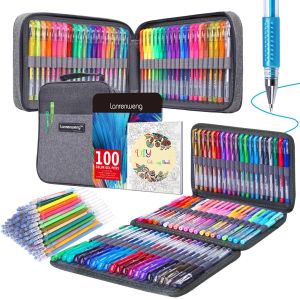 Pensas 200 PCS Gel Pensil Pen 100 Color Gel Pen con 100 recargas Glitter Gel Gel Pens con lienzo Bag Kids Adultos para colorear