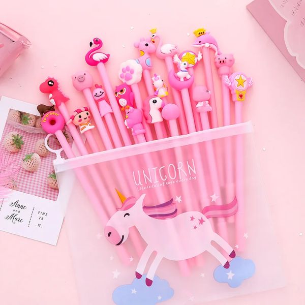 Bolígrafos 20pcs/lote lindo cartoon gel pluma kawaii unicornio bolso de lápiz 0.5 mm accesorios de oficina de tinta negra artículos de papelería suministros de escuela rosa