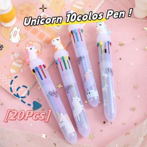 Stylos 20pcs / lot kawaii assis Unicorn dix couleurs stylo pins de balle mignon cartoon multi-couleurs 10 couleurs de balle filet