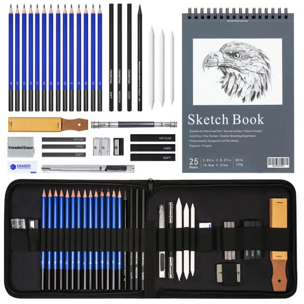 Stylos 36 pièces Kit d'outils d'art de dessin de croquis professionnel avec crayons graphite, crayons de charbon de bois, stylo effaçable en papier, carnet de croquis