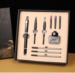 Pennen 3in1 Luxury fontein pen set multitip cadeaubox Chinese stijl retro massief hout ebbenhout borstel rozenhout mahonie wolf pen met inkt