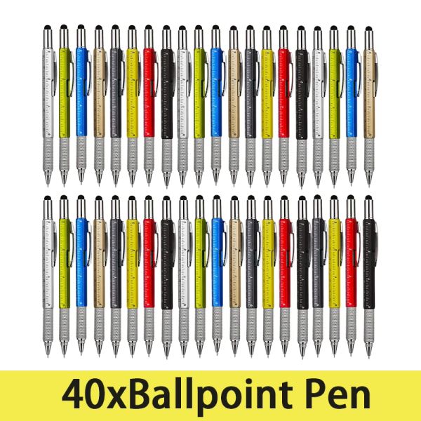 Bolígrafos 40pcs 6 en 1 Pen de bolsillo de bolsas de herramienta Regla Spirit Spirit Spirit Pantalla táctil de aluminio Pena