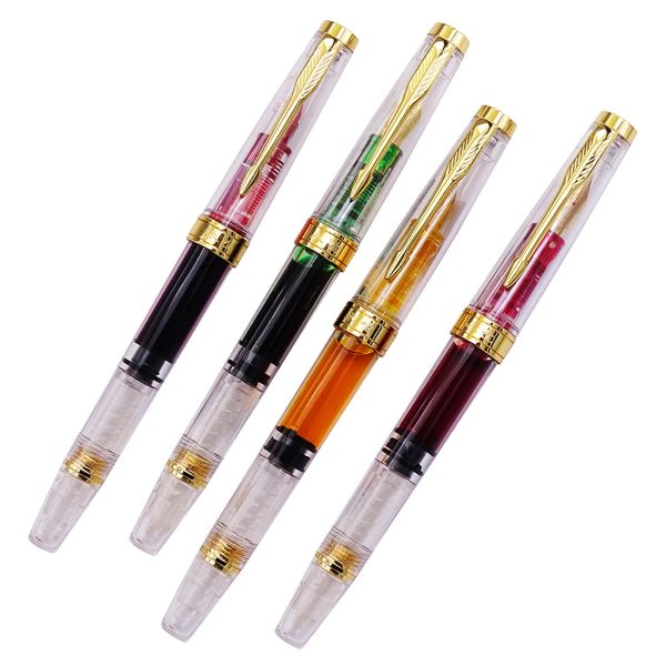 Bolígrafos 4pcs set Yongsheng 3011 Piston Fountain Pen Totalmente transparente clip de flecha dorada Iridium Fine Nib Ink Pen Office School