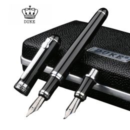 Pens Duke D2 Black Silver Clip D2 Medium Nib Fountain Pen met 1PC kalligrafie Fude gebogen NIB Uitvangbare set voor schrijfpraktijk