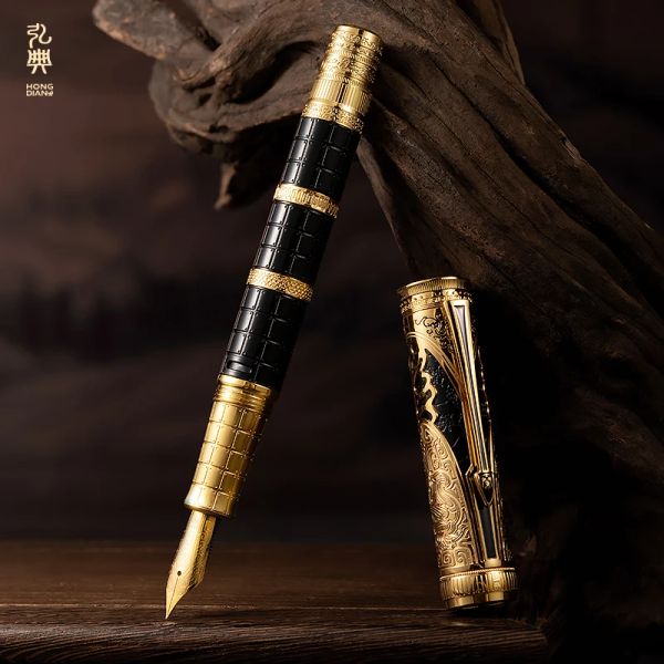 Pens Hongdian Qin Dynasty Series 14K Fine Nib Fountain Fountain Pen Exquis Retro Calligraphie Écriture Piston Gravé de style chinois Gift Gift