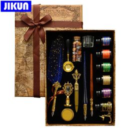 Pennen Jikun Classic Glass Dip Pens 18 Nibs 6 Color Ink Set met afdichting Wax Stamp Vintage Crystal Feather Fountain Pen Calligraphy Kit