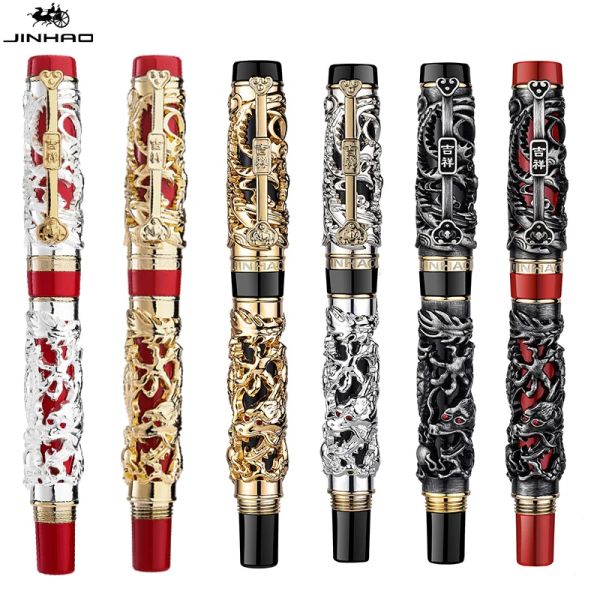 Stylos Jinhao 6 Style Le dernier design 3D Dragon Relief et Phoenix Golden Metal Fountain Pen de luxe Gift Business Pens