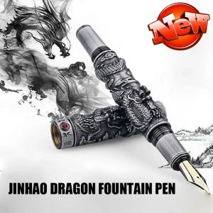 Stylos Jinhao Metal Fountain Pen chinois Style Dragon Design Grey 18kgp M Nibs vintage Heavy Penns Business Office Signature Signature