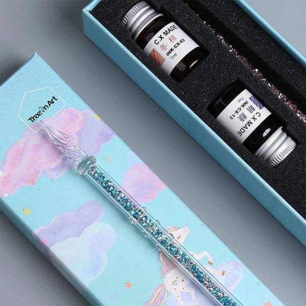 Stylos Jugal New Glass Squirt stylo Unicorn Fountain Pen Ink Ink Encre Transparent Dip stylo pour écriture Fountain Pen Box Gift Box Art Supplies