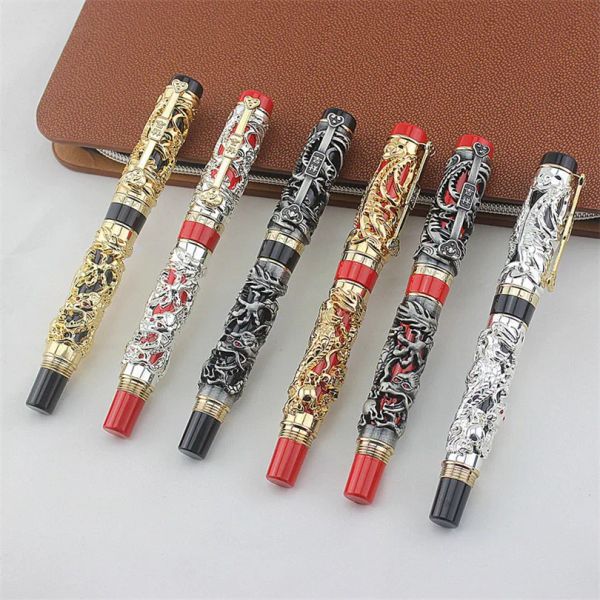 Stylo de luxe de luxe Jinhao Gris et rouge 3D Dragon et Phoenix Fountain Pen 0,5 mm en métal Encre stylos Supplies Office