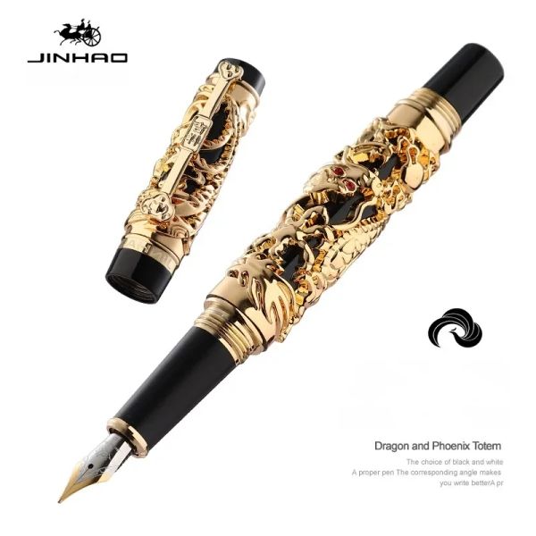 Pens Luxury Jinhao 3d Dragon Relief et Phoenix Golden Metal Fountain Pen Stationary Business School Office Supplies pour l'écriture