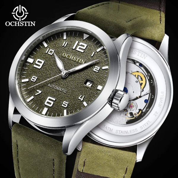 Stylos Ochstin Auto Date Homme Montre-Bracelet Automatique Mécanique Mâle Horloge Top Marque Sport Militaire Véritable Cuir Hommes Montre 62028