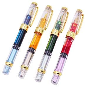 Stylos améliorés Yongsheng 3008 Piston Fountain Pen Transparent EF / F NIB 0,38 / 0,5 mm 4pcs Golden Silver Trim for Office Business