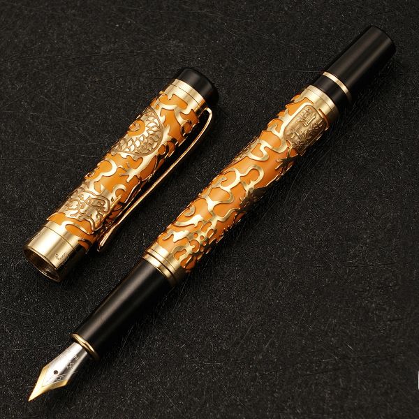 Stylos vintage Jinhao 5000 Luxury Metal Fountain stylo orangegold belle texture dragon sculpture ef / f / m / Bent Office Business Gift Styl