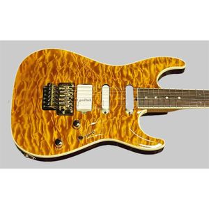 Pensa Mark Knopfler I Amber Quilted Maple Top Guitarra eléctrica Pastillas blancas Floyd Rose Tremolo Bridge Tuerca de bloqueo Hardware dorado