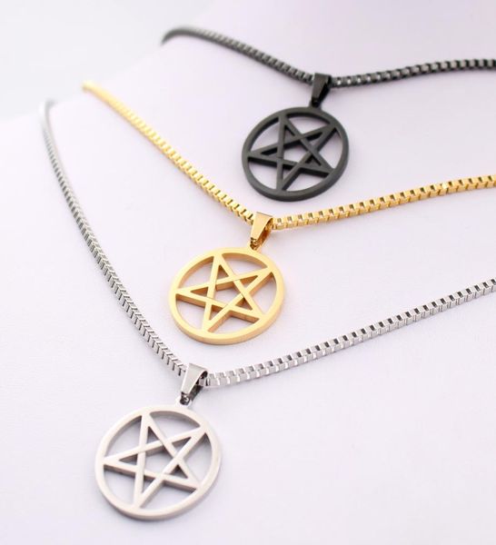 Pentagrama símbolo satánico adoración a Satán Wicca Pentáculo collar colgante de acero inoxidable Plata oro negro 24 mm 24 pulgadas cadena de caja f6230584