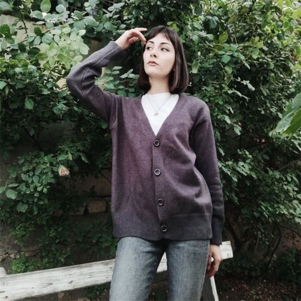 PEONFLY Moda Punto Cardigan Mujer Abrigo Sólido Primavera Moda V Cuello Manga larga Estilo coreano Suéter Abrigo Tops Damas 201203