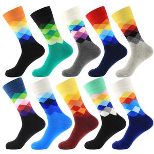 Peonfly Harajuku Casual Mannen Katoen Grappige Sok Vintage Diamond Plaid Rainbow Meias voor Business Dress Socks X0710