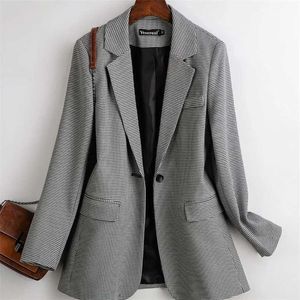 PEONFLY Vintage Double boutonnage bureau dames Plaid Blazer ample bouton unique manteau veste femmes Blazers femme grande taille 211122