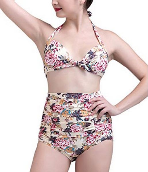 Pivoine Fleur Maillots De Bain Rétro Années 50 Imprimé Floral Halter Deux Pièces Taille Haute Push Up Bikini Vintage Carnaval Maillot De Bain