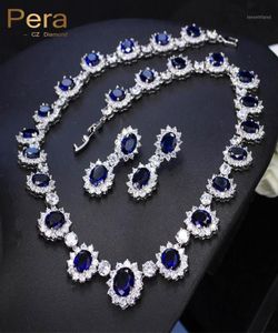Pera CZ Big Round Cubic Zirconia Bridal Wedding Royal Blue Stone ketting en oorbellen sieradensets voor bruiden J12616737643