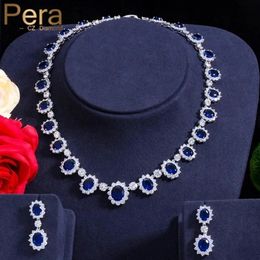 Pera CZ Grand rond cubique zircone luxe mariage de mariée collier en pierre bleu royal et boucles d'oreilles ensembles de bijoux pour les mariées J126 240220