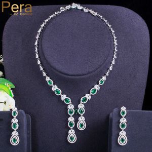 Pera elegante gota de agua verde CZ cristal colgante de hoja larga de lujo collar de boda nupcial pendientes conjuntos de joyería para novias J416 H1022
