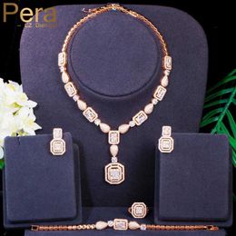 Pera Lujoso 4 Unids Nupcial Boda Fiesta Joyería Conjunto Oro Africano CZ Cuadrado Colgante Collar Pendiente Pulsera Anillo para Mujeres J391 H1022