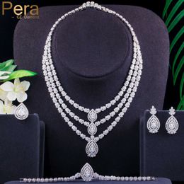 Pera Vintage 3 Lagen Cubic Zirconia Dangle Water Drop Ketting Oorbellen Armband Ring Sets voor Bruids Bruiloft Party Jewery J409 H1022