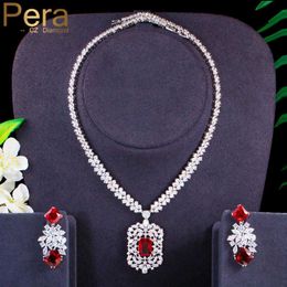 Pera Vintage Shiny Red CZ Crystal Big Flower Drop Earrings and Necklace Luxe bruiloft sieraden sets voor vrouwen accessoires J402 H1022