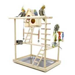 Zit Parrot Solid Wood Game Stand met Bird House Parrot Stand Stand Stand Perch Ladder Toy Bird Swing Playground W139
