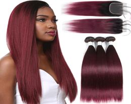 Percolored Braziliaans steil haar 3 bundels met sluiting T1B99J 1bburgundy human hair extensions ombre nonremy hair weave bund1665885