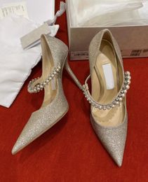 Perfecte bruidsoptie Baily Sandals schoenen platina ijs stoffige glitterpompen met kristal parelband dame puntige teen hoge hakken EU35-43