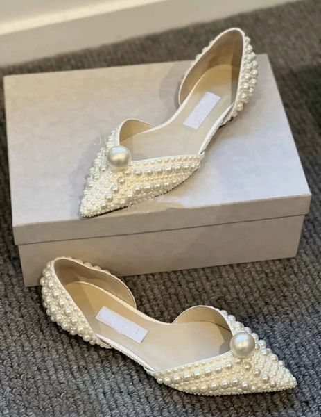 Perfect Evening Sabine Sandals Zapatos de vestir Flat White Satin Pumps con All-Over Pearl Adorno Romántico Elegante Boda Nupcial Evening Sandalias