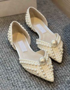 Perfecte avond Sabine sandalen platte witte satijnen pompen met all-over parel verfraaiing romantische elegante bruiloft bruidsjurk, avond sandalias