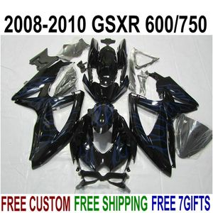 Ajustement parfait pour SUZUKI GSXR750 GSXR600 2008 2009 2010 K8 carénages en plastique K9 GSX-R600/750 08-10 flammes bleues dans le kit de carénage noir KS49