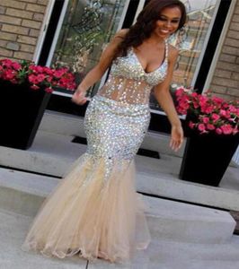 Perfecte handgemaakte luxe Rhinestone Bodice prom -jurken Lange vloer open terug sexy tule mermiade avondjurken4495626