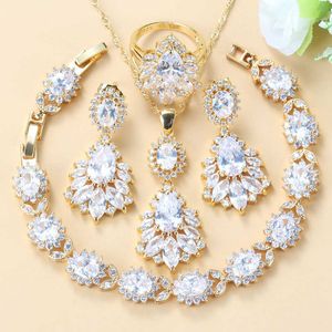 Parfait Femmes Mariée Grand Bijoux Or Couleurs Cristal Autrichien Long Boucles D'oreilles Bracelet Et Anneau 6 Couleurs Quatre Pièces Costume H1022