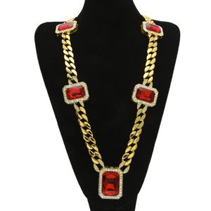 Voer T-Show uit met grote rode zirkonia steen kristal Miami Cubaanse link robijn hanger ketting hip hop bling Iced Out ketting mannen vrouwen sieraden 30 inch 15 mm