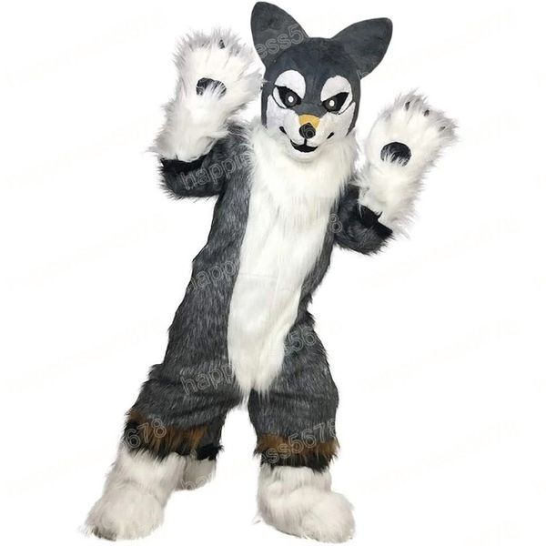 Performance gris longue fourrure Husky chien mascotte Costumes Halloween noël dessin animé personnage tenues costume publicité carnaval unisexe adultes tenue