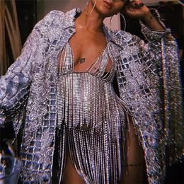 Performance Long Tassel Strass brillant chaîne de griffes Mesh Body chaîne ensemble de sous-vêtements sexy Chest Chain Panties discothèque style mode robe spectacle soutien-gorge Robe 1164