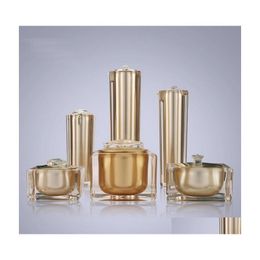 Botella de perfume 15G 30G 50G 30Ml 50Ml 100Ml Vacío Oro Forma cuadrada Acrílico Loción Crema Bomba Envase cosmético Lujo Arco Tarro Gota Dhjvy