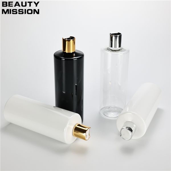 Bouteille de parfum 500 ml x 12, blanc clair, noir, bouteille de shampoing vide en plastique avec disque or et argent, bouteille à capuchon supérieur